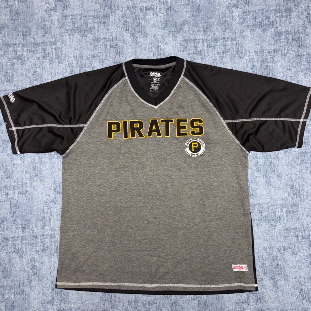 Stitches Pittsburgh Pirates MLB Baseball Jersey Mens XL Gray Black V-Neck Shirt